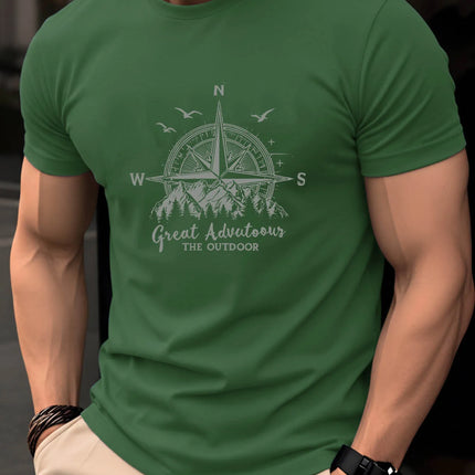 Summer men's 100% pure cotton casual fashionable loose retro compass mountain pattern printed round neck short sleeved T-shirt
