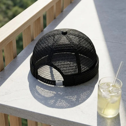 Summer Mesh Brimless Docker Cap Breathable Grid Beanie Adjustable Retro Landlord Hat Hip Hop Street Style Unisex Daily Outdoor