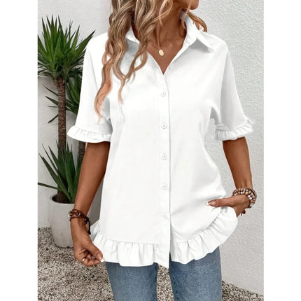 Plus Size 1XL-5XL Summer New Women's Clothing Solid Color Loose Ruffle Hem Loose Shirt ﻿