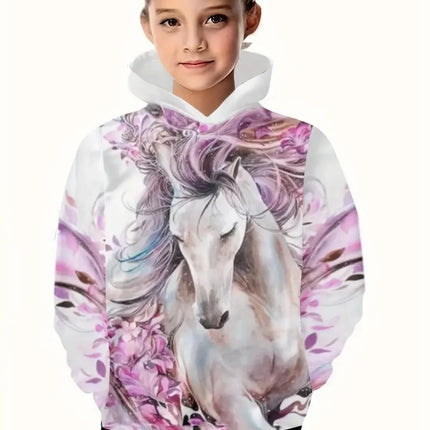 Cool Horse Girl Clothes Animals 3D Print Autumn Long Sleeve Hoodies Loose Lightweight Sweatshirt Comfortable Children's Clothing