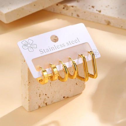 Vnox 6pcs/set Stainless Steel Stud Hoop Earrings Simple Classic 18K Gold Plated Earrings For Women Holiday Jewelry Set Wholesale