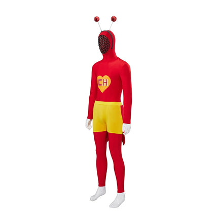 El Chapulin Colorado Cosplay Costume Red Hoodie Jumpsuit with Antennae CH Heart Printed Bodysuit Halloween Carnival Suits