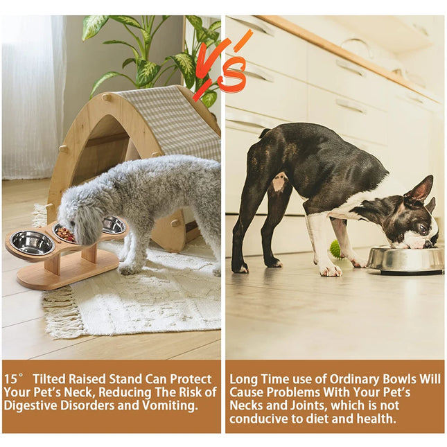 Raised Cat Feeder 3 Bowls in 1 Feeding & Watering Supplies 15° Raised Puppy 3 Stainless Steel Bowls Wood Stand Cats Accessories