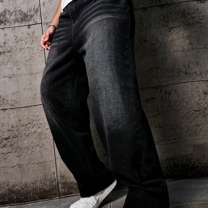 1pc Vintage Style Men's Black Washed Distressed Loose Wide Leg Relaxed Straight Jeans, Perfect Gift for Husband, Boyfriend