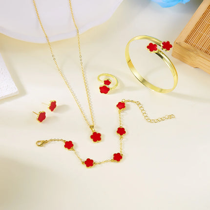 5pcs/set Lucky Five Leaf Flower Necklace Bracelet Earrings Ring Set for Women Colorful Enamel Plum Blossom Jewelry Party Gifts