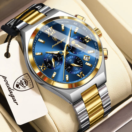 POEDAGAR Fashion Functional Men's Wristwatch Luminous Week Date Business Watch For Men Stainless Steel Sports Men's Quartz Watches