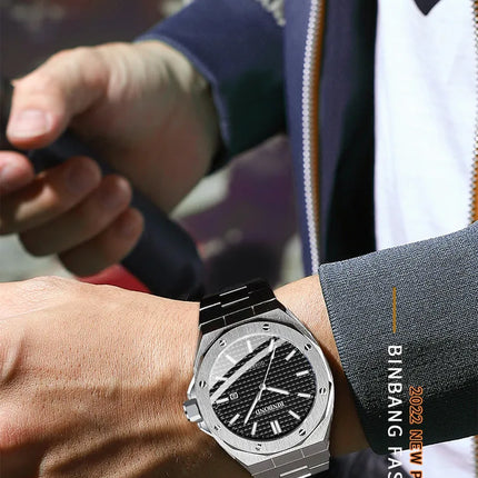 BINBOND Men's Watch Top Brand Royal Casual Men Big Dial Silver Stainless Steel Calendar Quartz Wristwatch Classic Luminous B0233