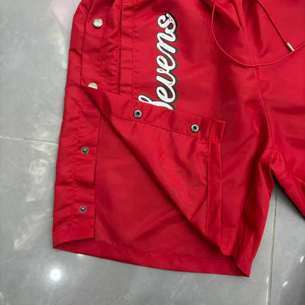 Red Triple Sevens Side Slit Button Placket Shorts Pockets 7S Logo Jorts Men Women Casual Drawstring Waterproof Loose Shortpants