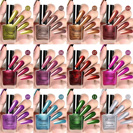 12 Colors Mirror Effect Nail Polish - Metal Chrome No UV Lamp Needed, Quick Dry Long Lasting Nail Lacquer, Professional Salon
