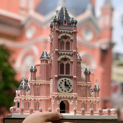 7000Pcs World Architecture Model Pink Church of the Sacred Heart Micro Building Blocks DIY Architecture Toys - Display Gift Set