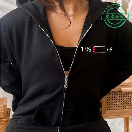 1% Battery Design Zip Up Sweatshirts Low Battery Print Women Fleece Hoodies Tops Fashion Zipper Hoodies Unisex Men Jackets Coats