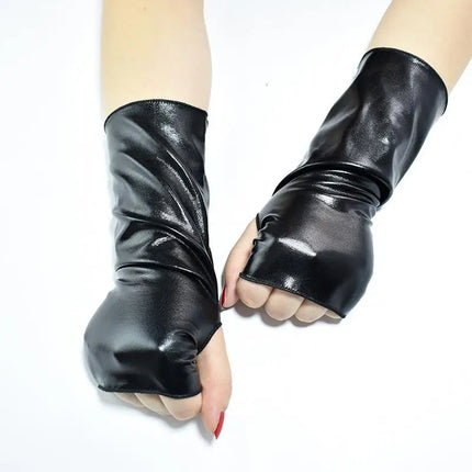 Sexy Black PU Leather Long Gloves Ladies Hip-pop Leather Half Finger Gloves Clubwear Punk Style Cosplay Costumes Dance mittens