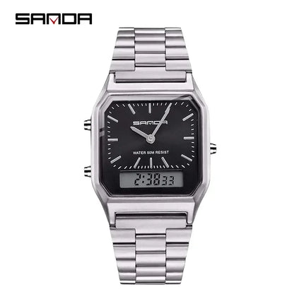 SANDA P747  Dual Display Clock Unisex Waterproof Sports Quartz Watch Luxury Mens Style Watches Stainless Steel Women LED Digital
