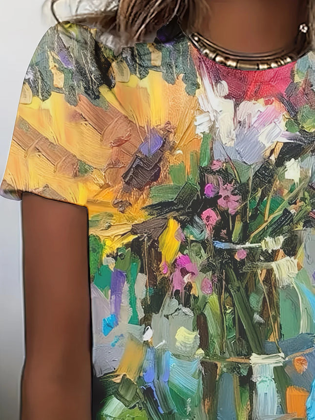 New Spring and Summer Collection! Oil Painting Floral Bottle 3D Printed Personalized T-shirt, Slim and Versatile Top for Women