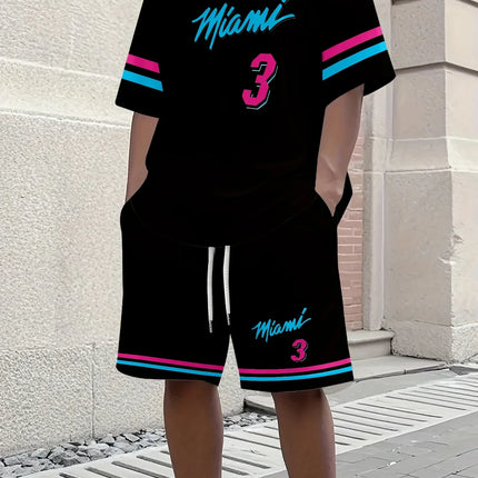 2025 New Men MIAMI NO.3 Print Casual Short Sleeve T-Shirt Shorts Set Adult Basketball Jersey Jogging Suit 2 Piece Set Clothes