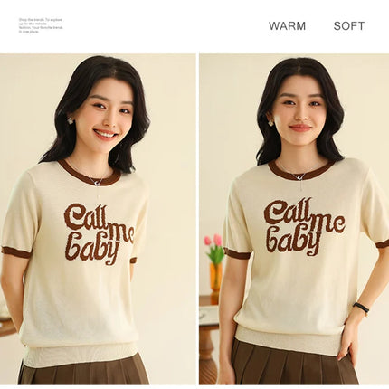 New women's short-sleeved 100% cotton knitted O-neck women's T-shirt Korean version fashionable hot selling top
