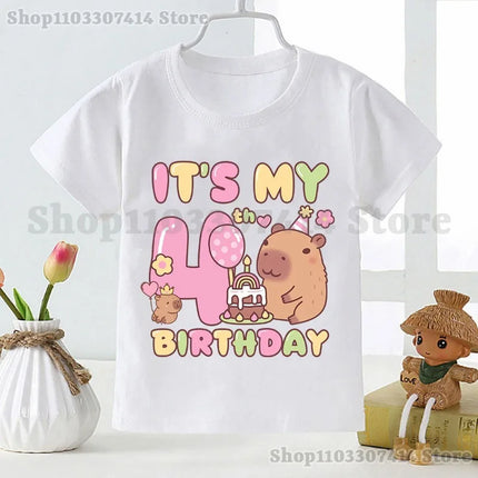 Capybara Girl Anime Cotton T-shirt Kids Cartoon Cute Top Number 1-10 Pattern Print Tee Summer Birthday Party Clothing Gifts 2025