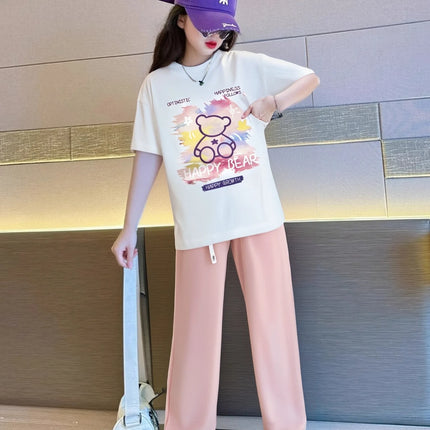 2026 summer girls Clothes Children set Sports Suit Teen tracksuit bear loose t shirt tops + wide long pants 10 11 12 14 years