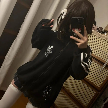 Preppy Style Fashion Cute Japanese Zip Up Cardigan Harajuku Punk Grunge Loose Turn Down Collar Y2k Hoodies Casual Sweatshirts