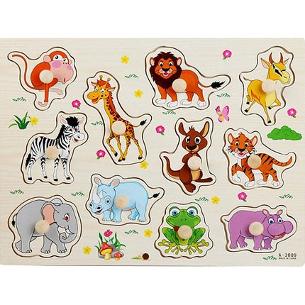 30cm Baby Toys Montessori Wooden Puzzle Hand Grab Board Educational Wood Puzzles for Kids Cartoon Animal Vehicle Child Gift