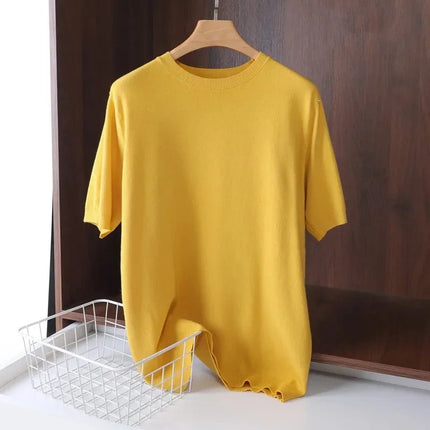2025 Superfine Merino Wool T-Shirt Men's Knitted O-neck Breathable Thin Cashmere Short Sleeve Tee Solid Color Tops