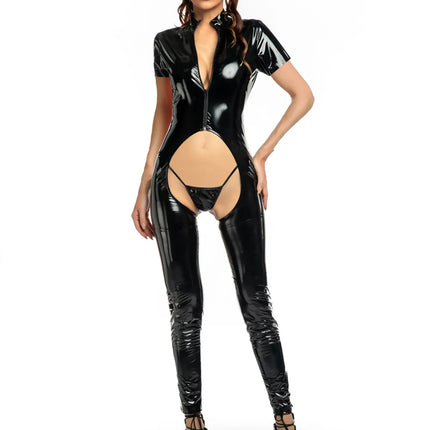 Sexy Women Faux Leather Catsuit Stretch Shiny PVC Latex Bodysuit Open Crotch Jumpsuits Front Zipper Erotic Crotchless Costumes