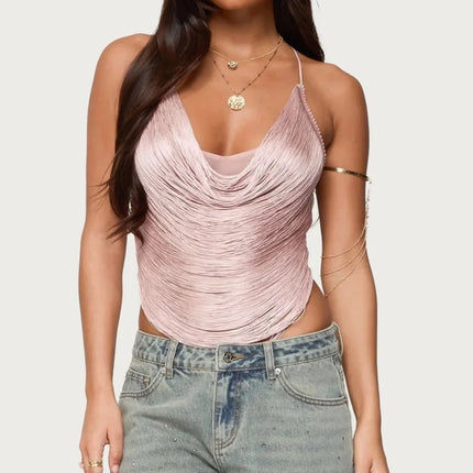 Women's Fringe Trim Halter Top Sexy Sleeveless Backless Asymmetrical Hem Tassel Cropped Party Tank Tops