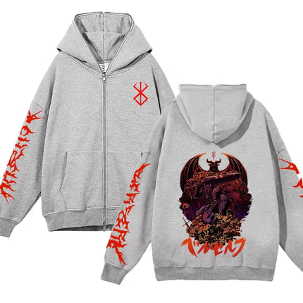 European and American fashion zippered sweatshirt Full Zip Up Hoodies Anime women's hoodie unisex hip-hop street outfit Guts Gra