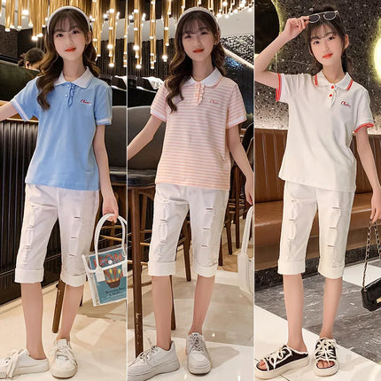Girls' summer short sleeved polo shirt top, lapel baseball jersey, tennis jersey, cotton medium to large children's striped shir