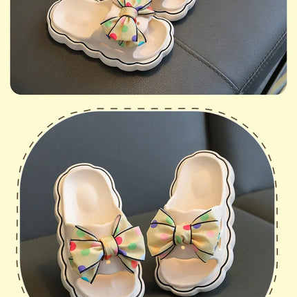 Children Slippers Girls Wearing Soft Soled Slippers Outside Cute Bow Anti Slip Bathroom Slippers Contrast Color Kid Slippers