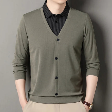 2026 New Men's Fake Two Piece Polo Shirt Casual Fashion Long Sleeve Collar T-shirt Versatile Top