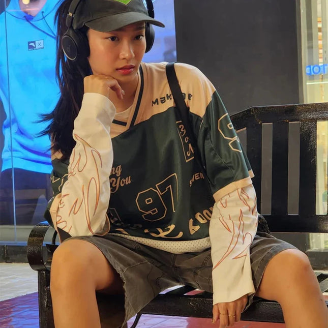 2026 New Women's Spring/Summer Y2K Fashion Casual Golden 97 Mesh Jersey Oversized Breathable Quick-Drying Sports T-shirt