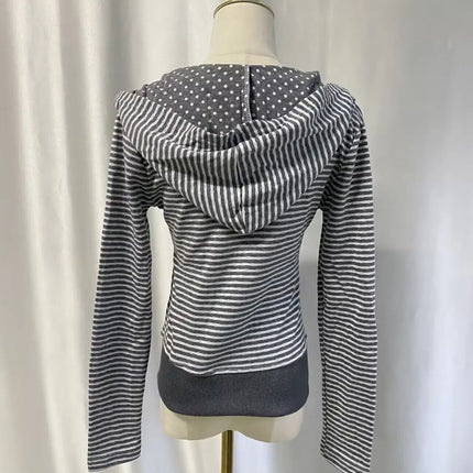 American Streetwear Striped Hooded Sweatshirt Autumn New Slim Fit Short Cardigan Fashion Casual Long Sleeve Coat Women