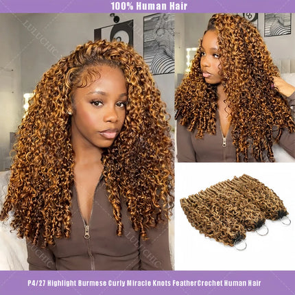 Burmese Curly Crochet Human Hair #P4/27 Blonde With Brown Colored Highlight Omber Miracle Knots Feather Crochet Bulk Human Hair