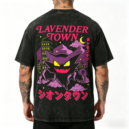 Retro Washed Pokemon Lavender Town Gengar Front Back Print Cotton Crewneck Streetwear T-Shirt For Anime Fans Men Women