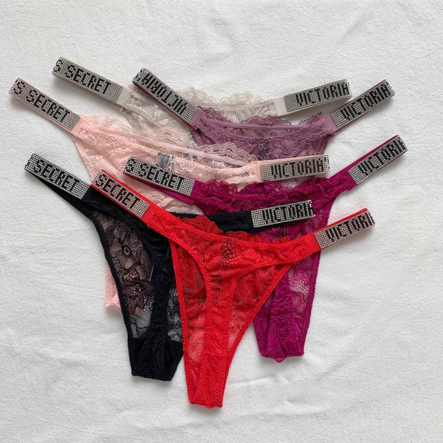 2025 New Satin Letter Rhinestone G-String Women Underwear Sexy Lace Lingerie Low Waist Seamless Panties Panties