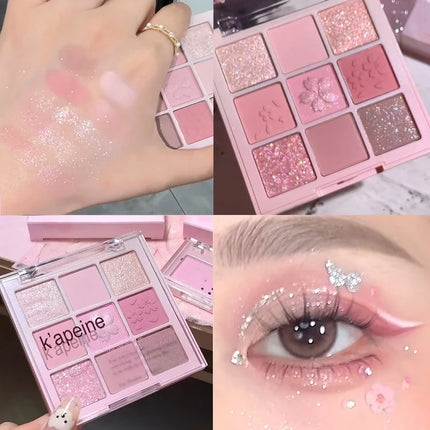 Pink Sakura 9-Color Eyeshadow and Blush Palette, Shimmer and Matte, Embossed Cherry Blossom Design for Makeup Lovers‘s Festival