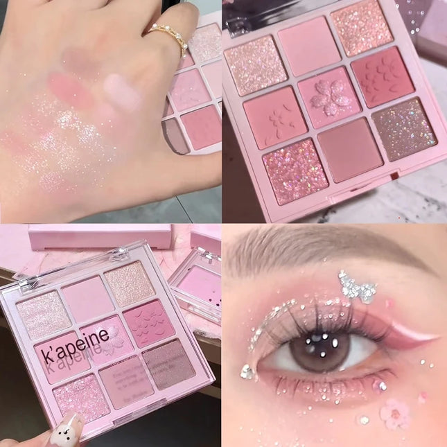 Pink Sakura 9-Color Eyeshadow and Blush Palette, Shimmer and Matte, Embossed Cherry Blossom Design for Makeup Lovers‘s Festival