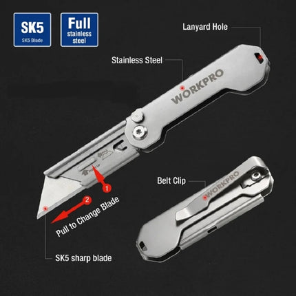 WORKPRO-Folding Pocket Utility Knife, Stainless Steel, Quick Change, Paper Cutter, Camping, Tourist DIY Hand Tools