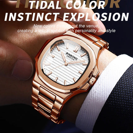 BINBOND Luxury Military Man Watch Square Waterproof Luminous Date Week Men Watch Stainless Steel Quartz Men's Watches Reloj