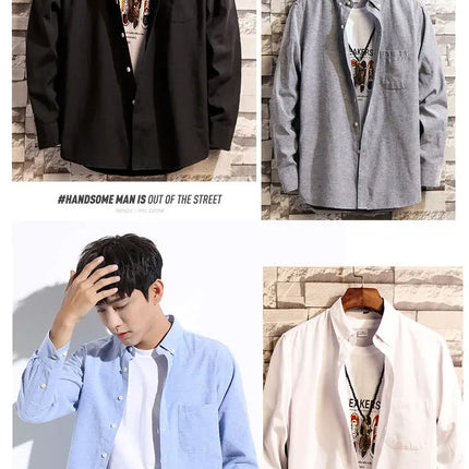 New Men's Oxford Spinning Short Sleeve Solid Color Tooling Business Casual White Shirt Slim Fit Trend Long Sleeve Casual Shirts