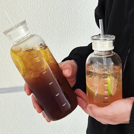 550-750ml Large Capacity Glass Water Bottle With Time Marker Transparent Juice Milk Glass Cup With Lid And Straw Drinking Bottle