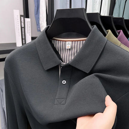 Men's casual long-sleeved pure cotton Polo shirt, new style for autumn, loose fit, pure color, classic, lapel Polo shirt