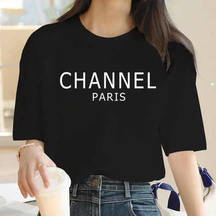Luxury Brand Machine Washable Women's Casual Elegant Fashion CHANEL Graphic T-Shirt O-Neck Short Sleeve Top Women's Clothing