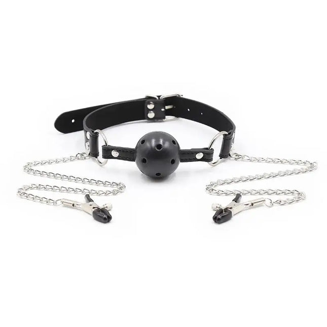 1Pc Erotic Toy PU Leather Mouth Gag Ball Oral Sex With Chain Clip Breast Nipple Clamps Bondage Harness Sex Toys Adult Games