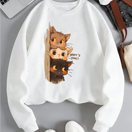 Three Little Cats Are Secretly Watching You Print Hoodie Women Street Loose Sweatshirt Basics Sporty Pullover Winter Clothes