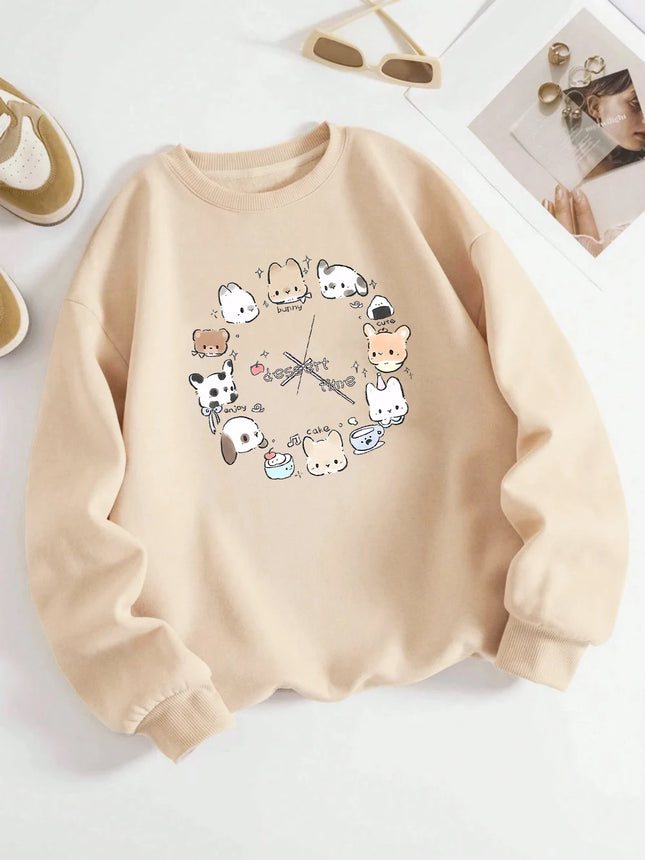 Dessert Time Creative Animals Clock Design Printed Sweatshirts Woman Top O-Neck Fleece Streetwear Soft Autumn Women's Clothing