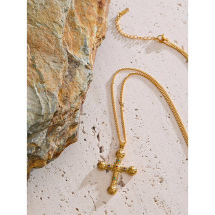 Yhpup Statement Stainless Steel Zircon Cross Pendant Vintage Necklace Arrivals 18K Golden Plated Fashion Classic Jewelry