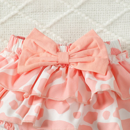 0-2 Year Old Baby Summer Solid Color Short Sleeved Letter Printed Round Neck Bread Shorts Bow Set Baby Clothing
