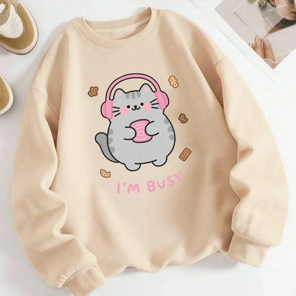 I'M Busy Cute Cat Prints Hoodies Womens Comfortable Sweatshirts 2025 Autumn and Winter Hoodie Warm Casual Women Clothes